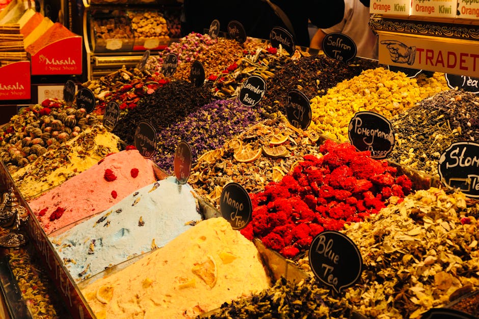 Colorful spice display in market