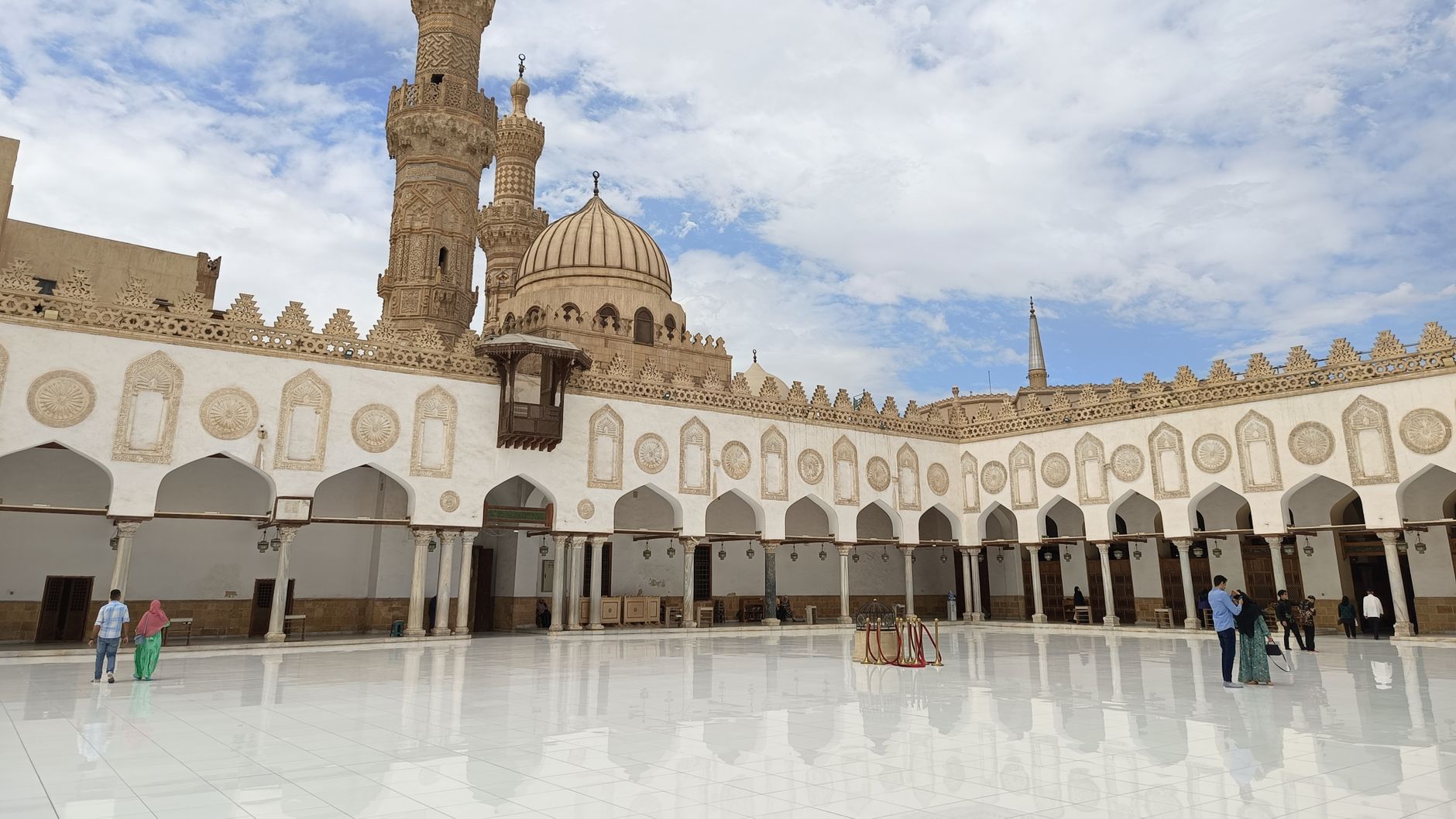 Al-Azhar Mosque central courtyard and minarets in Islamic Cairo, Egypt