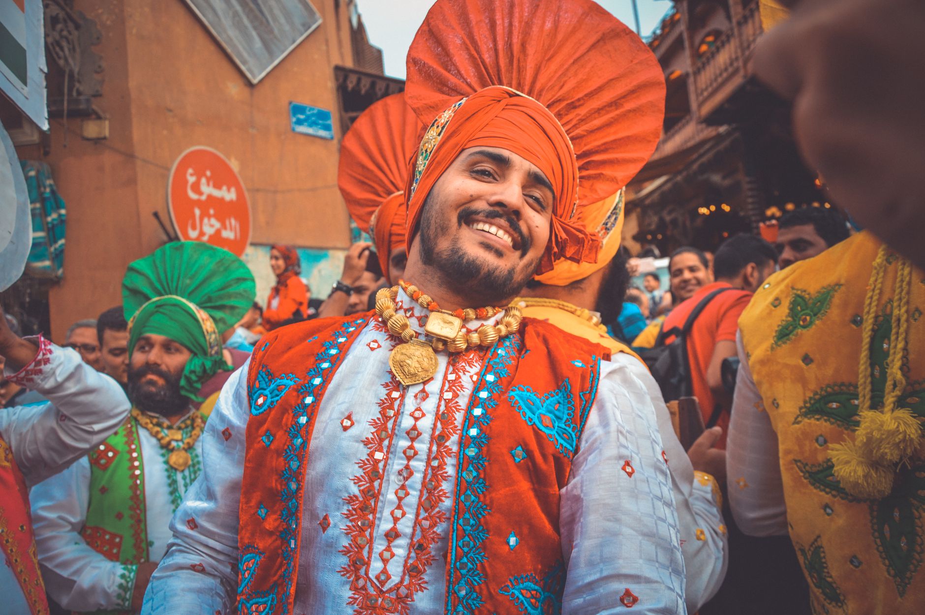 Egyptian families and crowds celebrating a street festival in Cairo, Egypt