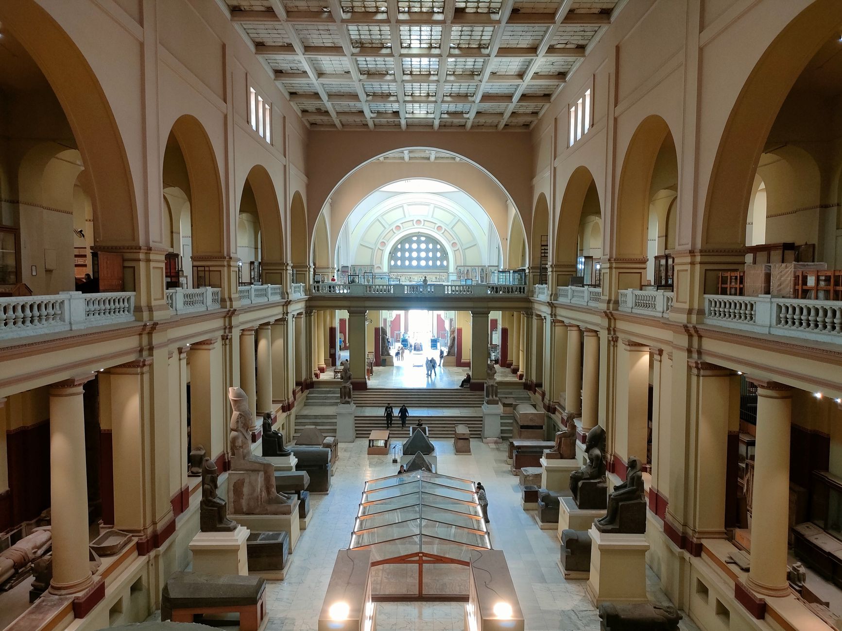 Grand hall of ancient Egyptian statues and artifacts at a museum in Cairo, Egypt