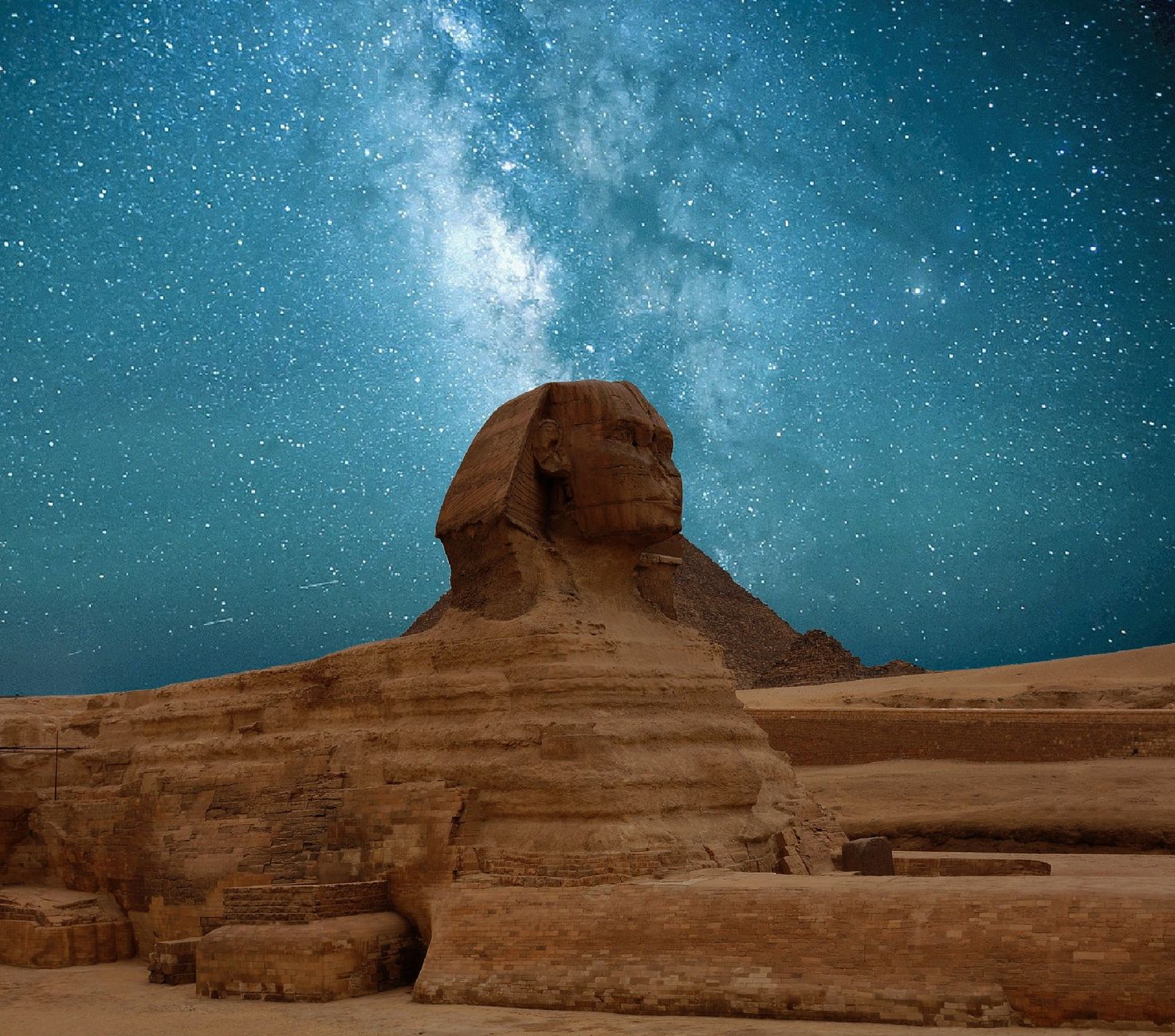 The Great Sphinx illuminated at night during the Pyramids Sound and Light Show Cairo