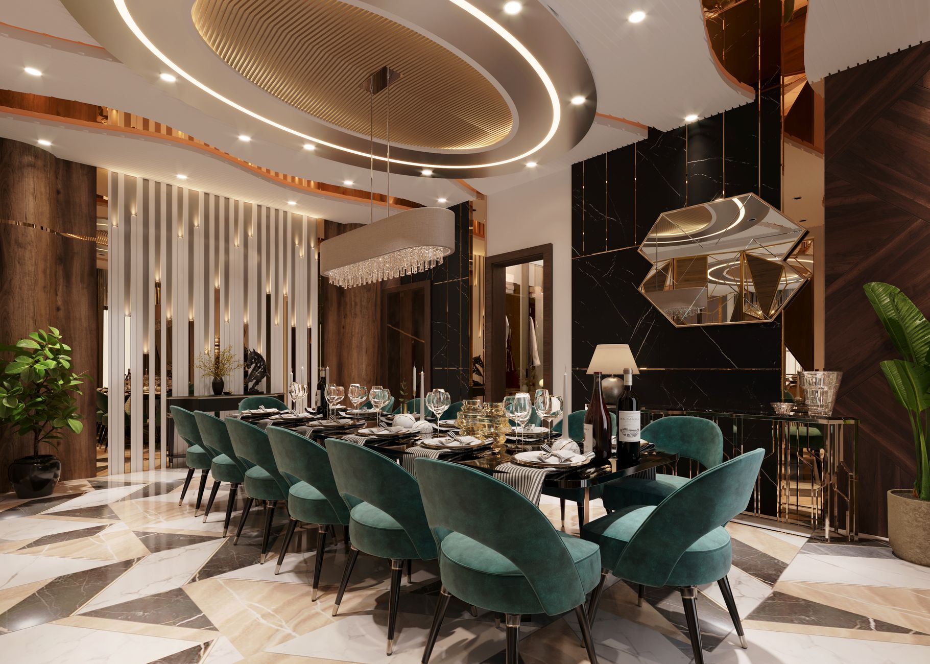 Upscale Cairo restaurant interior with elegant table settings and warm lighting