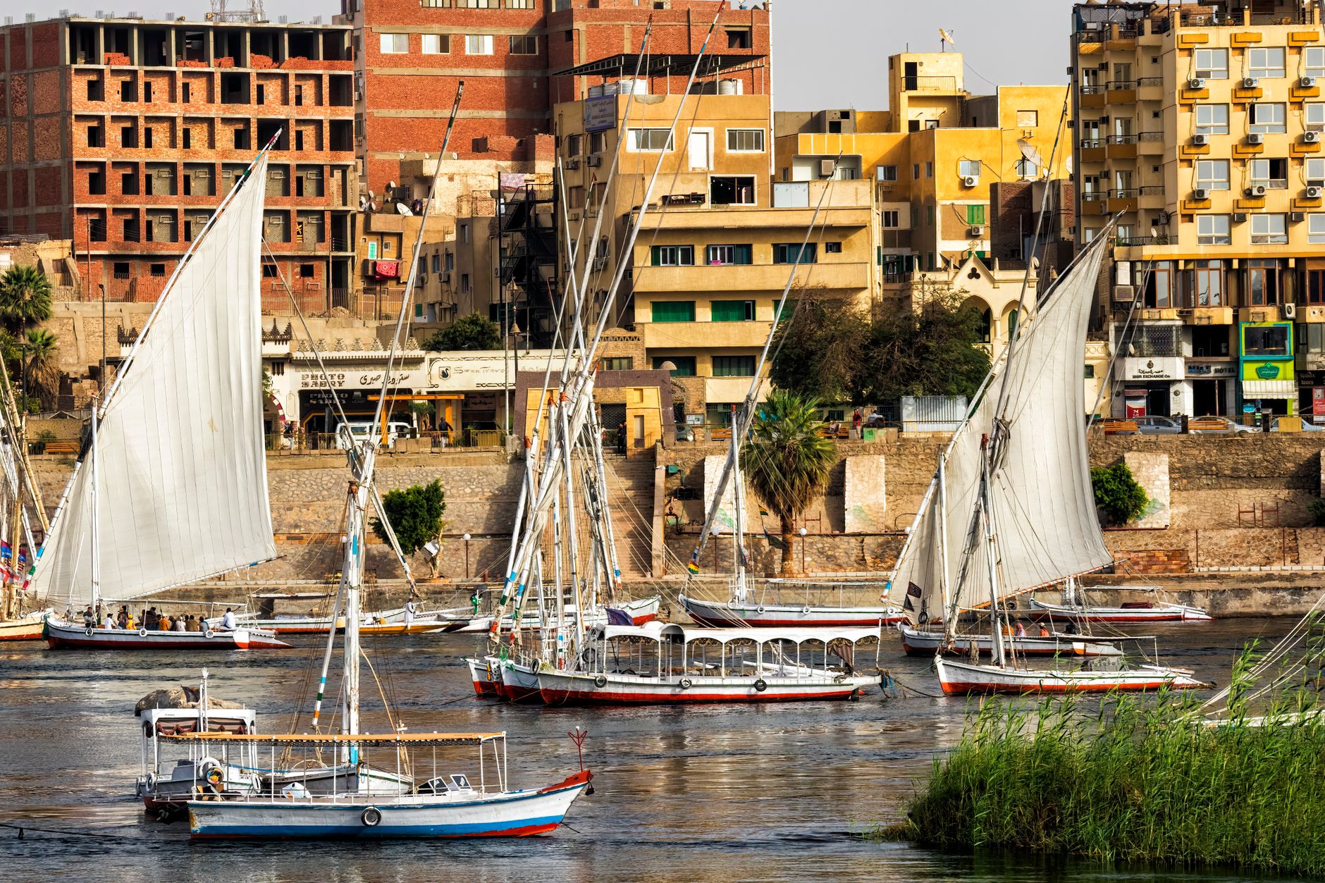 Best Nile Cruise Companies Cairo: Tour Operators 3 Nile cruise ship moored at Aswan with feluccas nearby
