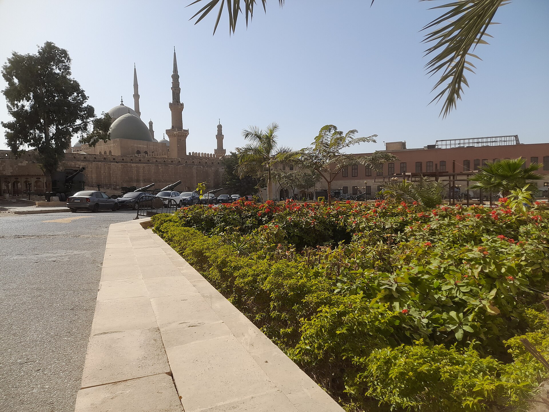 The Mosque of Muhammad Ali and the walls of the Citadel of Saladin in Cairo seen from the gardens below