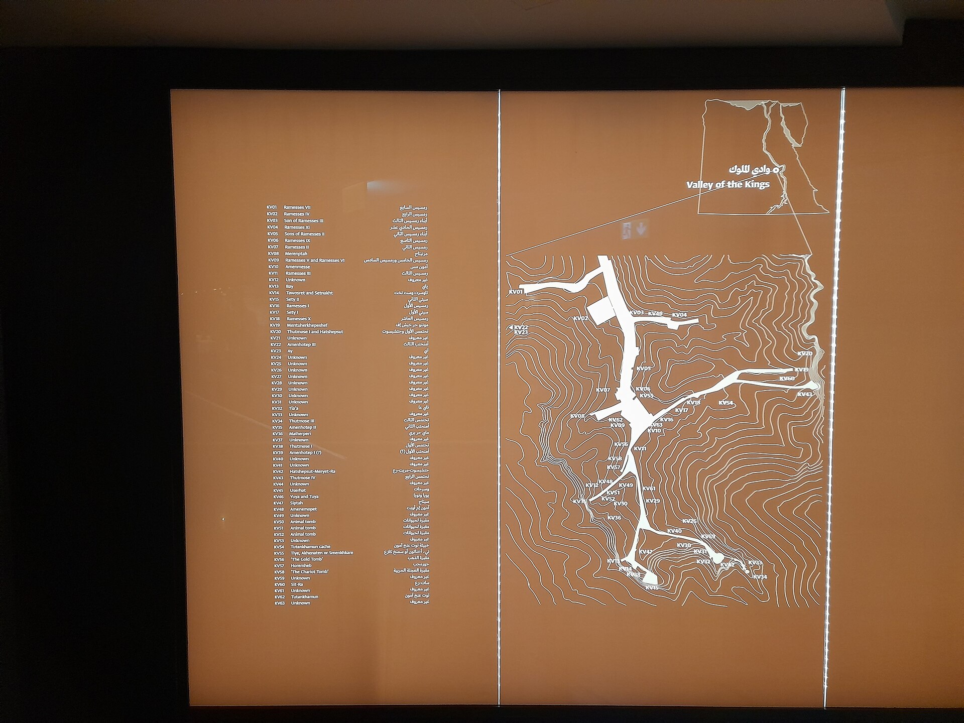Tutankhamun Galleries at the Grand Egyptian Museum: What You Will See 5 Interpretive panel at the Grand Egyptian Museum mapping the tombs of the Valley of the Kings with KV62 marked