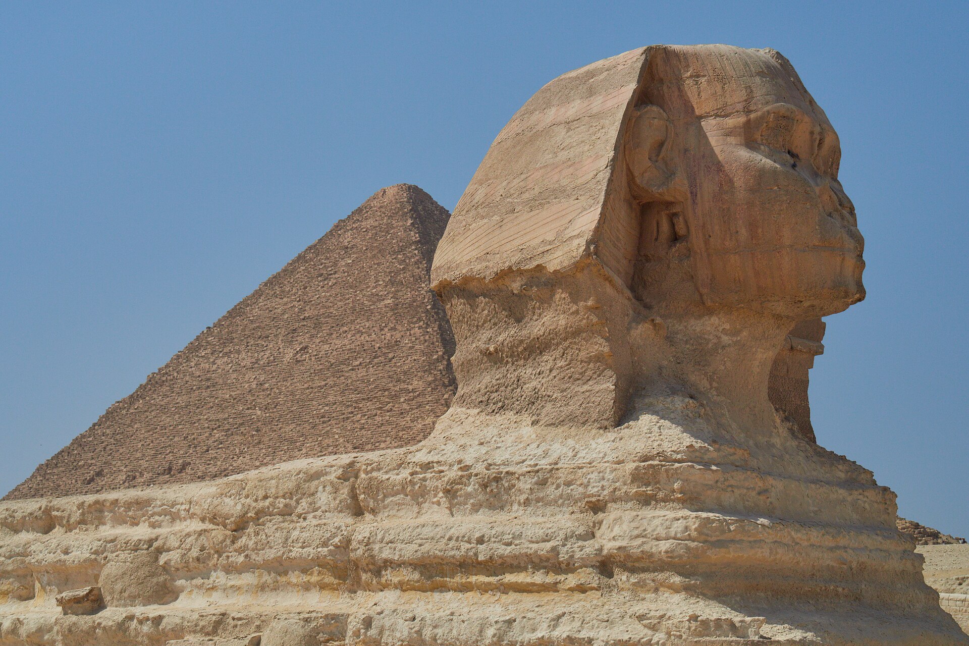 Grand Egyptian Museum and the Pyramids in One Day 2 The Great Sphinx of Giza in profile with the Great Pyramid rising behind it under a clear blue sky